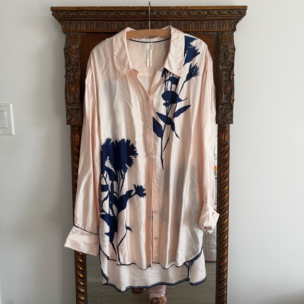 Anthropologie Long-Sleeve Buttondown Pajama Shirt XL Oversized Flowy Silky Top